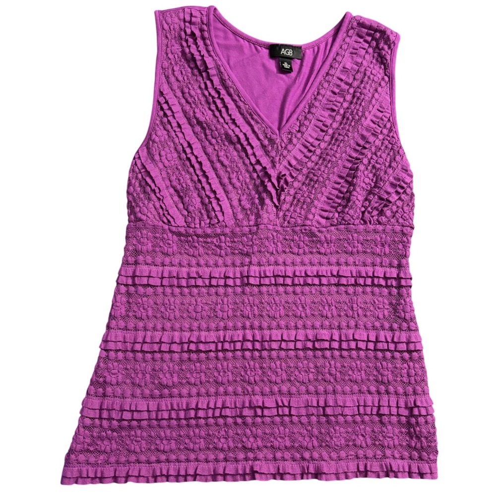 AGB Women Tank Top Purple Textured Ruffle Lace‎ Front V-Neck XL